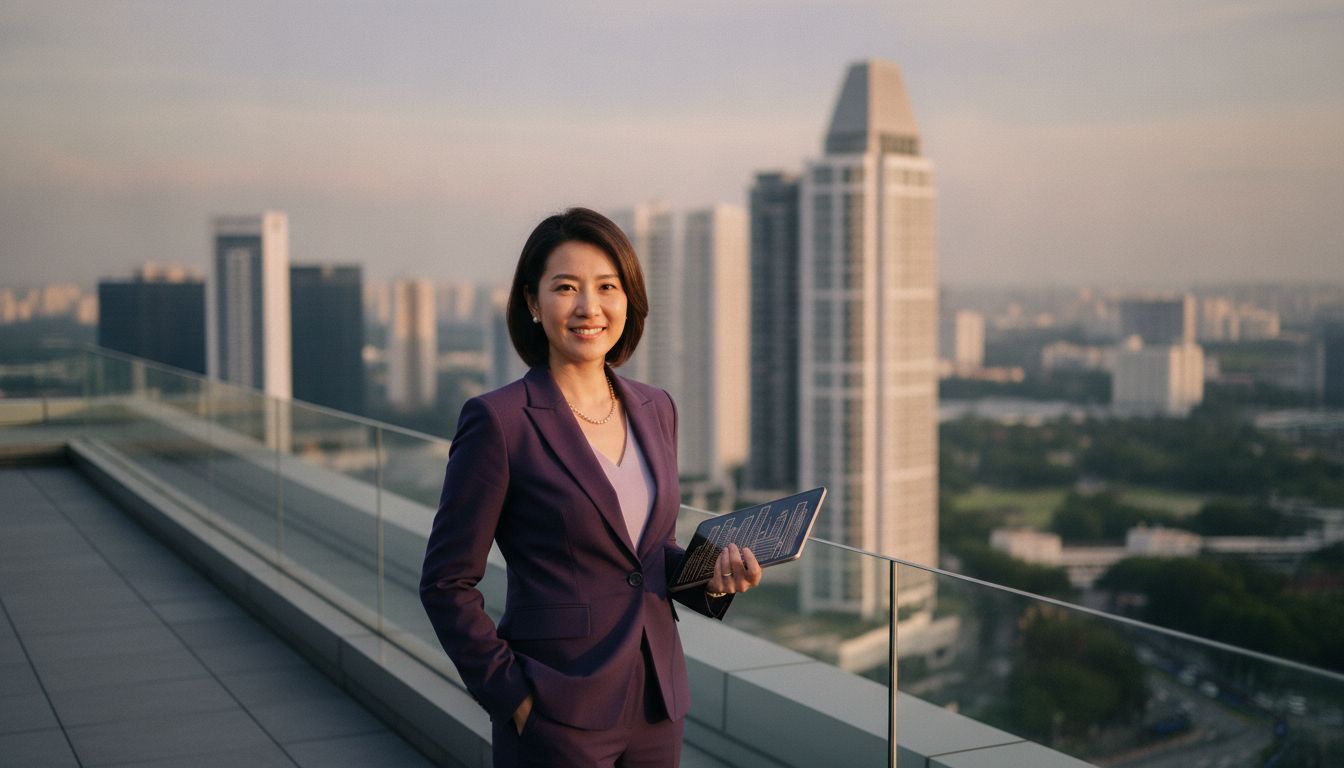 Professional real estate advisor with Singapore skyline